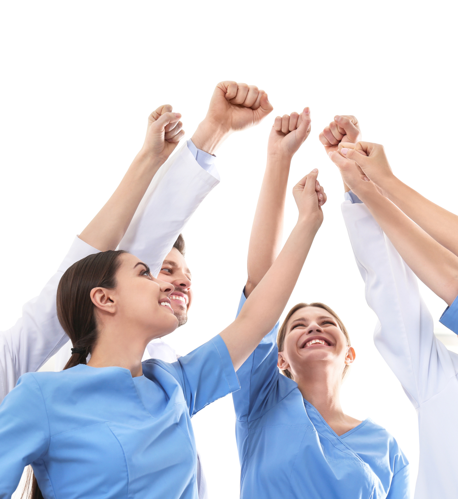 Team of medical doctors raising hands together on white backgrou